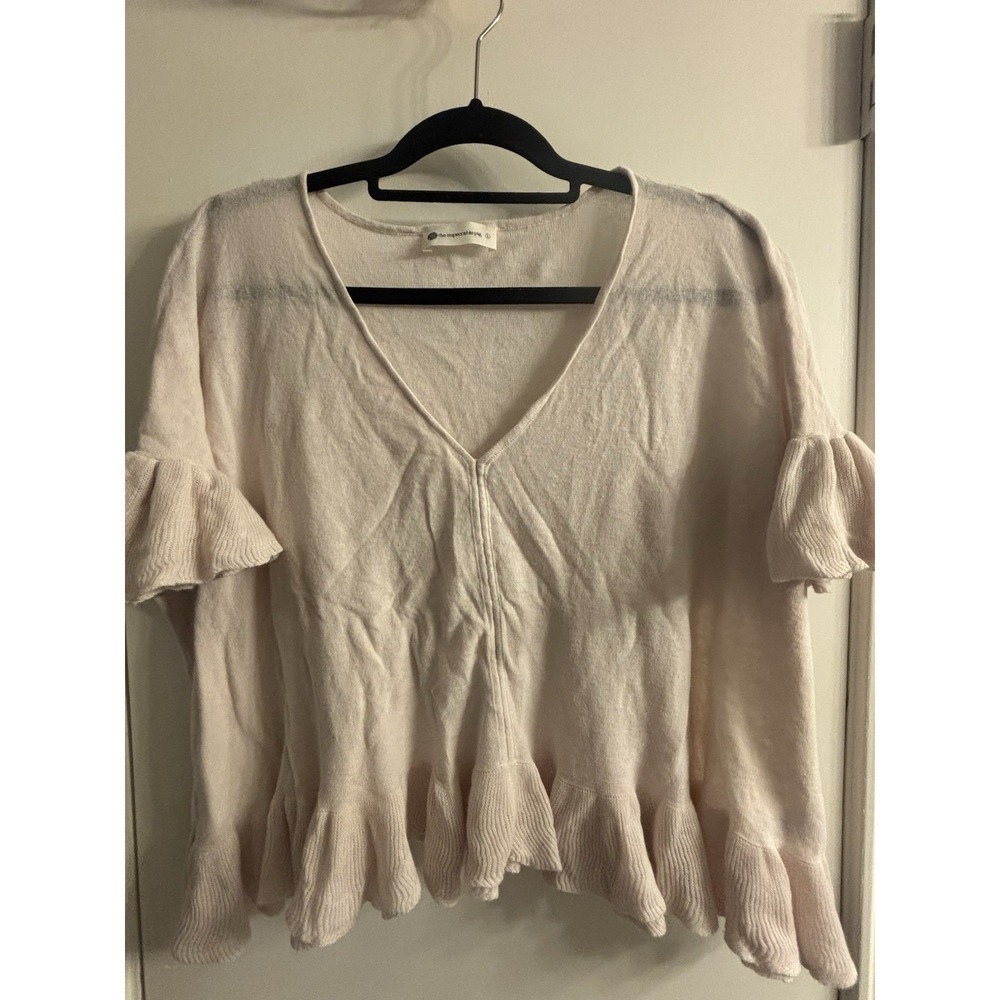 The Impeccable Pig Womens V-Neck Ruffle Knit Top Cream Ramie Cotton Blend Large